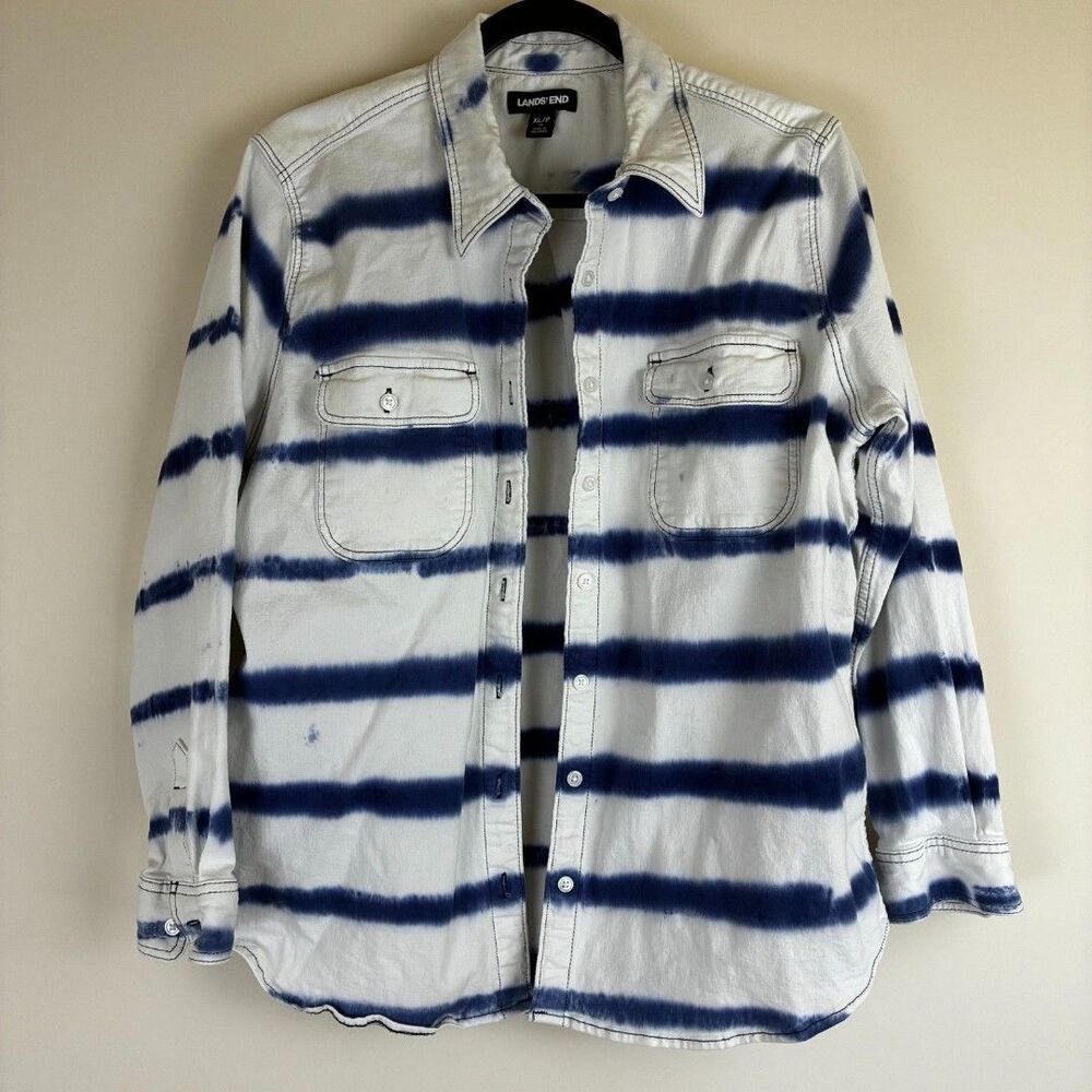 Lands' End Women's XL P Long Sleeve Button Down Blue White Tie Dye Stripe Cotton